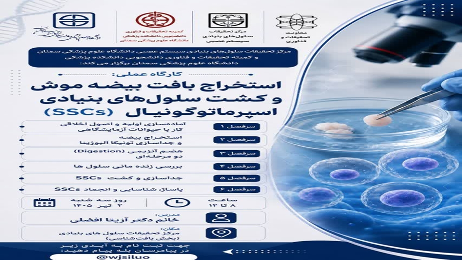 برگزاری کارگاه استخراج بافت بیضه موش و کشت سلول های بنیادی اسپرماتوگونیال (SSCs)